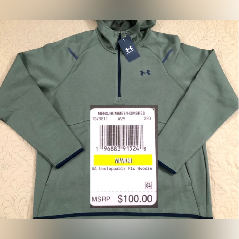 NEW..MEN MEDIUM UNDER ARMOUR HALF ZIP UNSTOPPABLE FLEECE HOODIE (MARINE GREEN)
